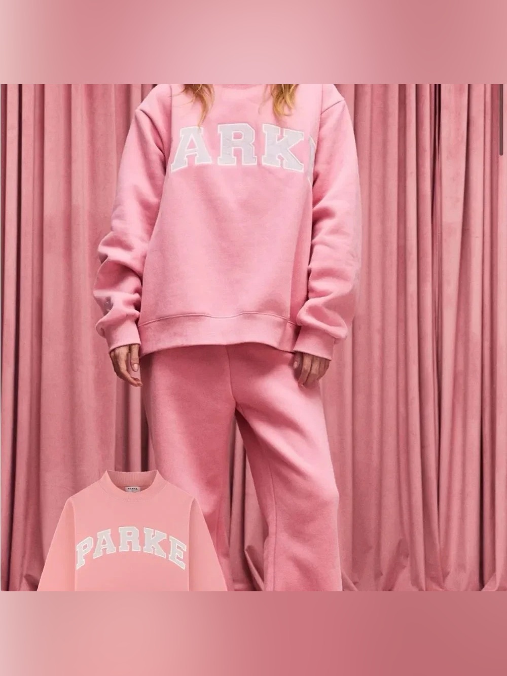 PARKE Pink Mock Neck Sweatshirt White‑Grey Arch Letter Patch Pullover